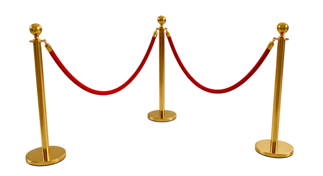 Elegant golden stanchions with plush red velvet ropes creating a luxurious barrier for vip access and exclusive event entrances on a black background