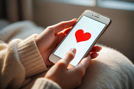 Romantic young woman using smartphone touchscreen with heart icon, online dating app concept for finding love and relationship, mobile communication, Valentine emotion, and digital romance background