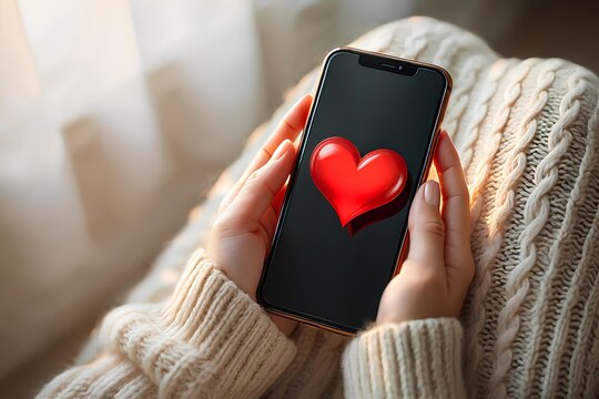 Woman using mobile phone for online dating, touching red heart emoticon on touchscreen, digital romance and relationship search concept, romantic technology communication background, Valentine vibe