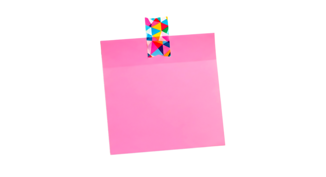 Bright pink sticky note with colorful patterned tape attached to a black background perfect for reminders and messages