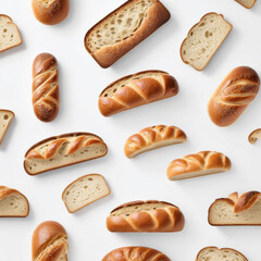 Assorted Freshly Baked Bread Loaves on a Clean White Background