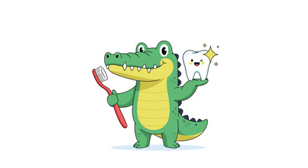 Fototapeta premium A smiling alligator character holding a toothbrush and a sparkling healthy tooth.