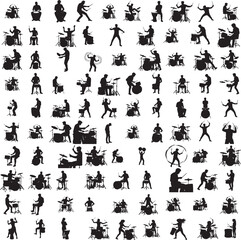 Silhouette of a person performing on full drum kit isolated on white background