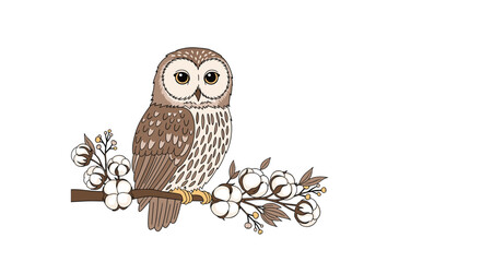 Fototapeta premium A charming illustration of a speckled owl perched on a branch adorned with fluffy cotton blossoms a delightful depiction of nature's gentle beauty.
