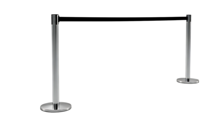 Two polished chrome stanchions with retractable belts stand ready to guide crowds or create a barrier in a modern setting