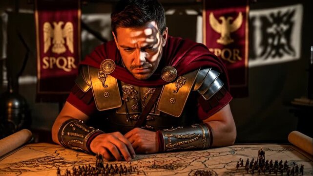 Roman commander moving miniature soldiers on a map planning military strategy in ancient historical reenactment footage