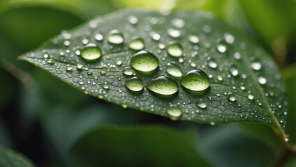 Fresh Dewdrops on Green Leaf After Rain