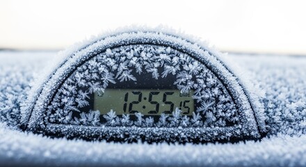 Frost-covered digital clock displaying time in winter environment  
