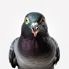 Obraz premium pigeon looking at camera with its beak open isolated on white background. bird's eyes are yellow and it has black and white head