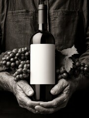 Rustic Elegance: A timeless grayscale composition showcases a bottle of rich, deep red wine held tenderly by weathered hands, accompanied by a cluster of ripe grapes.