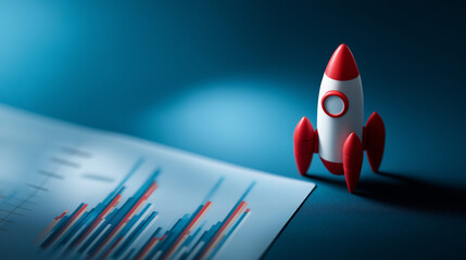 Rocket and chart on blue background business financial startup growth success concept object design entrepreneurship symbol business launch growth metaphor with copy space