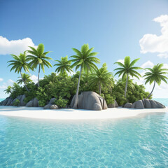 Tropical Remote Island with Lush Vegetation and Crystal Clear Water