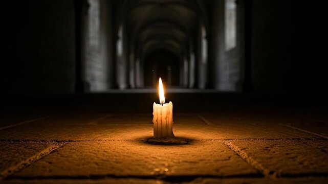 Flickering candle illumination in dark stone corridor, a lonely light in a long gothic tunnel, spiritual guidance in darkness video.