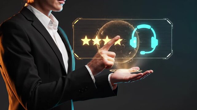 Professional businesswoman presents holographic customer service interface with four star rating and headset. Client satisfaction, quality support experience, feedback evaluation, call center