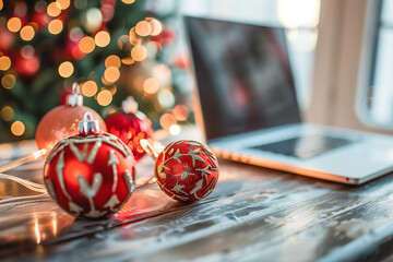 A laptop is on a table with a Christmas tree and red ornaments. Christmas, New Year, Cyber Monday, sale, purchase, black friday