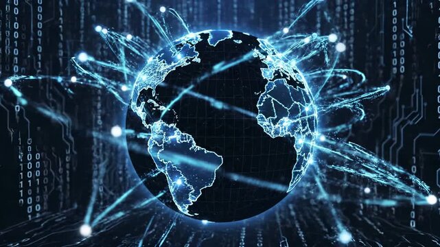Digital globe with glowing network connections and binary code background. Global internet connectivity, worldwide data transmission, international communication infrastructure, cyber technology, - Powered by Adobe