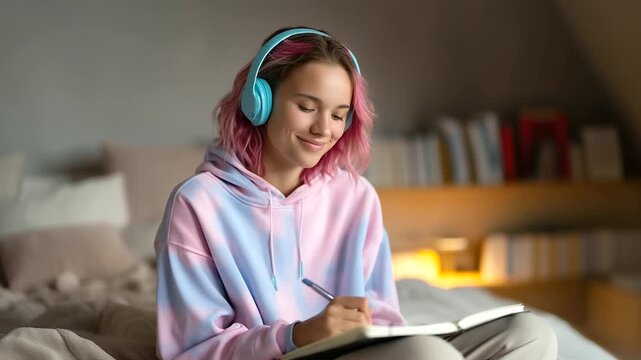 Young student with pink hair sitting comfortably on her bed, wearing turquoise headphones and a pastel hoodie, studying online using a laptop. She holds a notebook 