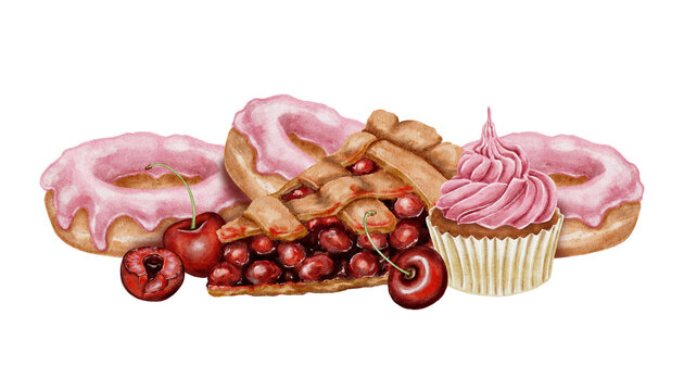 Watercolor illustration cherry pie cupcakes and pink glazed donuts with whole cherries in a sweet. for bakery packaging dessert branding cookbooks cafe menus food blogs and festive promotions.