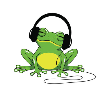 Frog Listening to Music with Headphones Cartoon Illustration