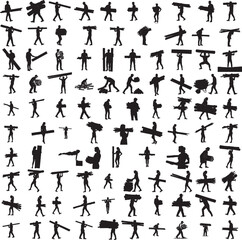 Silhouette of a worker carrying wooden boards isolated on white background