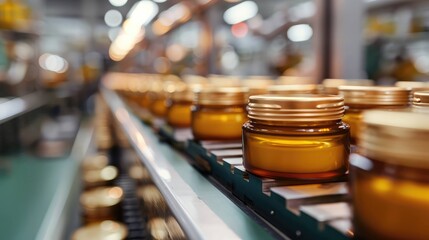 Cosmetic Industry Production – Golden Cream Containers on Line