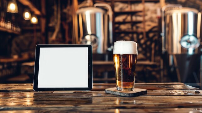 Digital tablet on rustic wooden table in brewery - Powered by Adobe