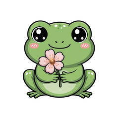 Cute Frog Holding Pink Flower Cartoon Illustration