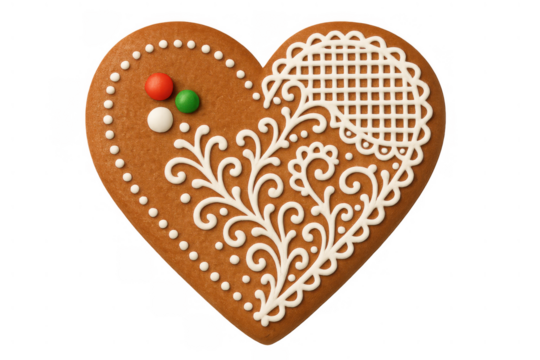 Gingerbread heart cookie for christmas holidays, decorated with white icing and colored sprinkles on transparent background