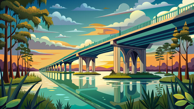 Very beautiful view from below the Atchafalaya Basin Bridge, also known as the Louisiana Airborne Memorial Bridge, carrying Interstate 10 between Baton Rouge and Lafayette, surrounded by lush wetlands