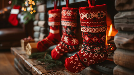 Three red stockings are on a fireplace mantle. Christmas, New Year, Cyber Monday, sale, purchase, black friday