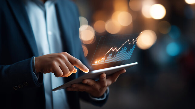 Faceless businessman using tablet analyzing sales data and economic growth graph chart technology icon customer global network connection business strategy innovative digital - Powered by Adobe