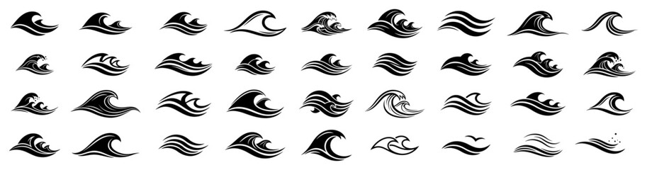 Stylized sea wave vector icon set Collection of ocean water and surf symbols