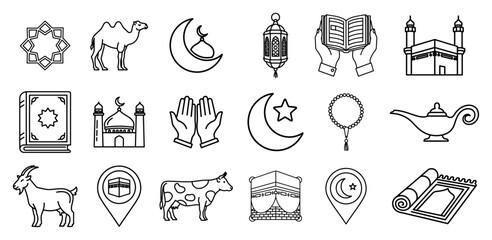 Set of Islamic line icons for Ramadan and Eid al-Adha Religious symbols vector collection