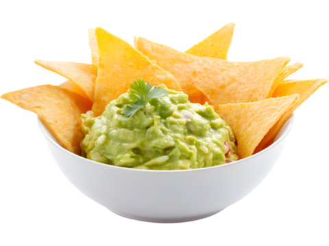 Bowl of green guacamole with tortilla chips isolated on transparent background, perfect for snack or party visuals.
