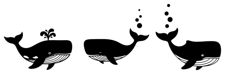 Cute cartoon whale vector icon set Simple sea animal silhouette collection