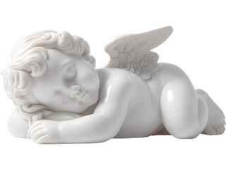 Obraz premium White angel sculpture sleeping isolated on transparent background, perfect for decor or religious visuals.