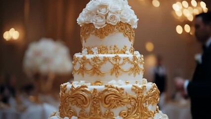 Elegant three-tier wedding cake with gold ornate design and white roses in luxurious setting