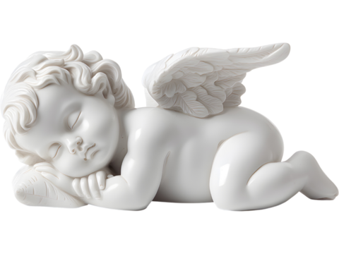 White angel sculpture sleeping isolated on transparent background, perfect for decor or religious visuals.
