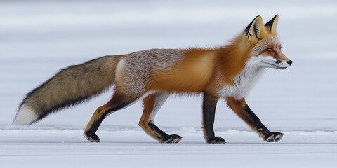 Naklejka premium Majestic Red Fox Gracefully Walking Through a Beautifully Snow-Covered Winter Landscape in Nature