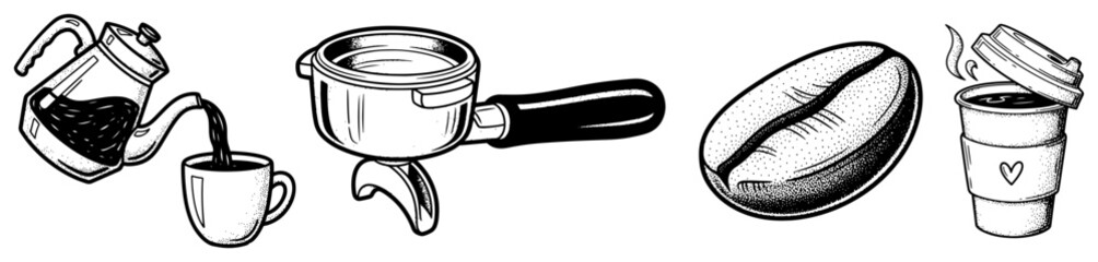 Hand drawn coffee brewing icon set Vector sketch of portafilter coffee bean and cup for cafe menu