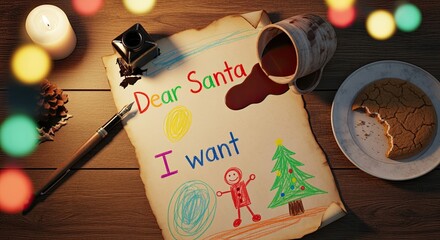 A handwritten letter to Santa Claus on a wooden table. The letter features colorful drawings of a Christmas tree and a gingerbread man. A cup of hot chocolate and a cookie are nearby.