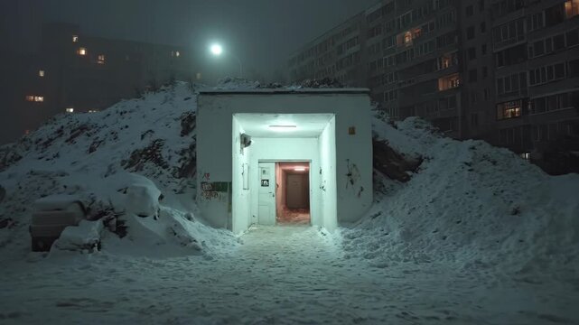 Abandoned bunker entrance in a snowy, foggy city at night, with light inside, showing cold weather and mysterious exploration footage.