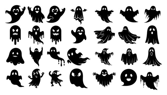Large collection of cartoon ghost silhouettes for Halloween design Spooky and cute phantom characters vector set