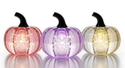Three decorative glass pumpkins in pink, purple, and clear, illuminated with fairy lights