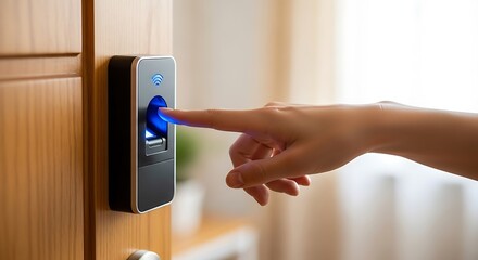 Finger pressing a biometric fingerprint scanner on a wooden door for access