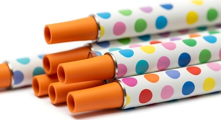 Party blowers with colorful polka dots isolated on white background