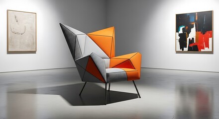 Modern abstract armchair displayed in a minimalist art gallery with paintings