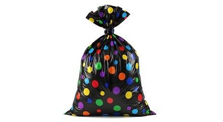 Black garbage bag with colorful polka dots isolated on white background