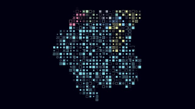 Suriname animation. Shape of the country with pulsating colored dots. Large size square blocks. Digital style map on dark background. Beautiful video.