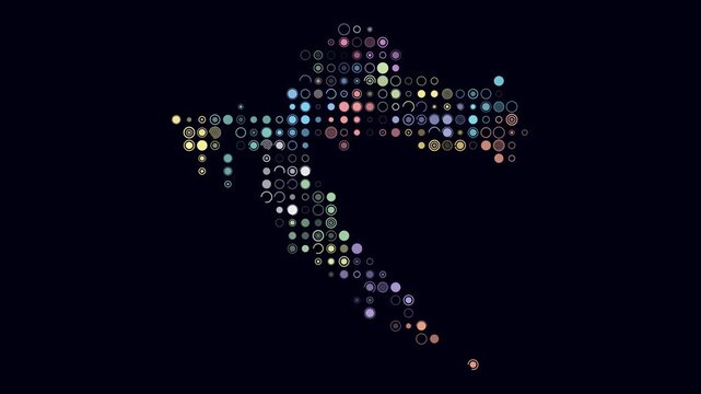 Croatia map animation. Shape of the country with pulsating colored dots. Large size circle blocks. Digital style Croatia map on dark background. Artistic video.